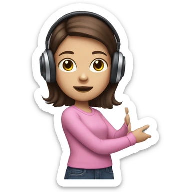 Brunette haired girl wearing pink cat headphones adn holding a smart tablet sticker