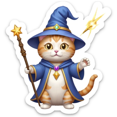 cat wizard with magic wand casting spell sticker
