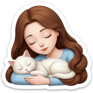 A pretty white girl with very long brown hair and sleeping curled up to a white cat  sticker