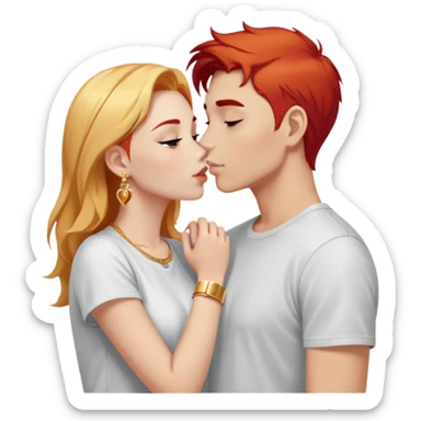 close-up of young 20 year old couple kissing, girl with red hair and blonde eyebrows wearing gold jewelry and light clothes, boy with white hair wearing dark t-shirt sticker