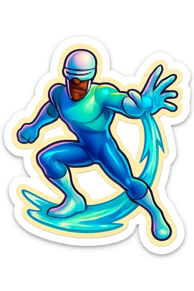 Superhero in the style of Frozone, dynamic icy pose, bold outlines, vibrant colors, retro stickers style sticker