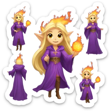 female blonde elf wizard wearing purple robes casts fireball sticker