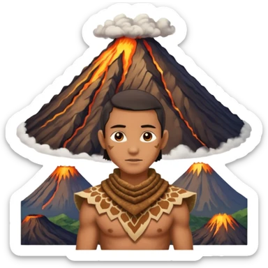 a avatar wearing ancient animal skin cloth with volcano behind, half body, icon sticker