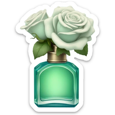 Aesthetic composition of soft blue roses with a vintage-style green  perfume bottle.
 sticker