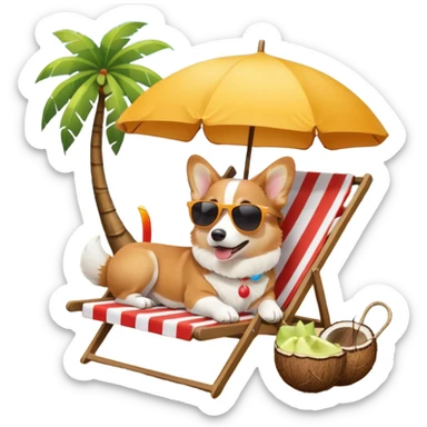 a corgi dog laied on a beach chair, a sunny beach, a sun umbrella, and beach coconut trees. the icon should capture the essence of a relaxing beach vacation with a carefree atmosphere sticker