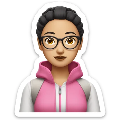 An Asian girl with black hair, wearing glasses, and dressed in a pink outfit. Her hair is styled in two buns on either side. sticker