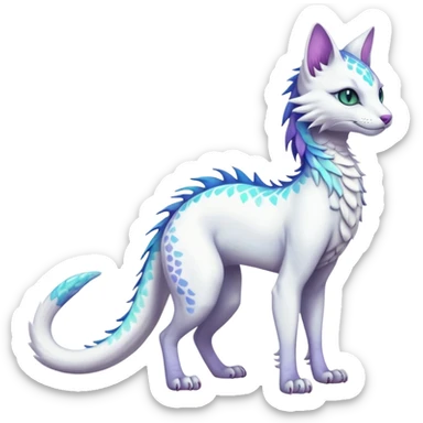 Kawaii white iridescent beautiful pretty elegant divine edgy fantasy feline-vernid-sergal-fursona animal creature with a tufted tail full body with intricate markings  sticker