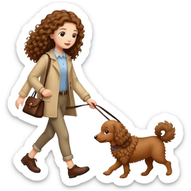 A long-haired girl walking a small brown curly dog sticker