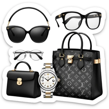 bags and watches, and glasses, all black and white put together like a bundle with no face, all luxury items like lv sticker