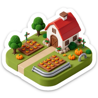 Outside view of a cartoon farm with pumpkin patches and cookie-shaped plants growing, metal water pipes running through the field, cheerful colors sticker