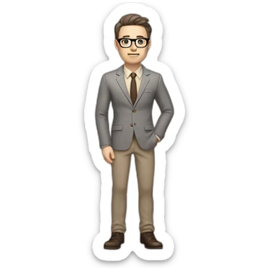 Full height Gesticulating Pale skinned fit man with dark brown hair in gray jacket, beige office shirt, brown tie, brown pants and vintage glasses. sticker
