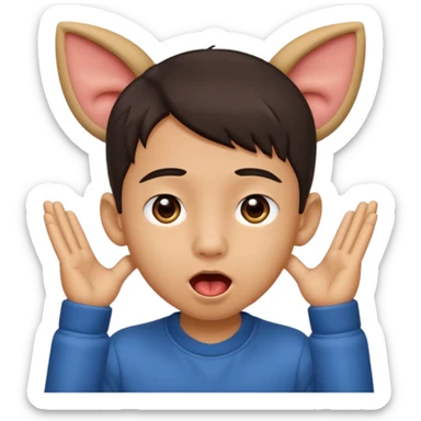 a boy with asian eyes holding his ears and with his tongue out sticker