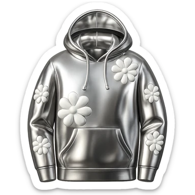 Make the hoodie in a chrome 3D metallic style, highly reflective, with the flowers remaining white. Remove the background. sticker