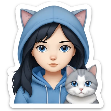 Girl with black hair in gray hoodie with a British shorthair blue and white cat and a long-haired blue and white cat sticker