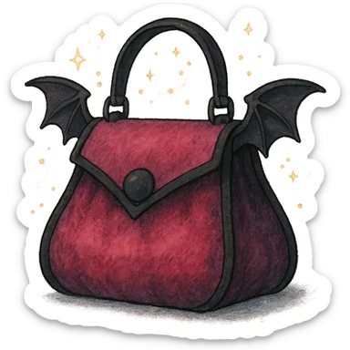Pink and black gothic purse in Ghibli style, bat wing accents, velvet texture, magical aura, no background sticker