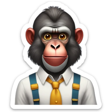 Funny Mandrill with a human look bold with beard wears a shirt and Suspenders in the shirt neck a butterfly like a clown sticker