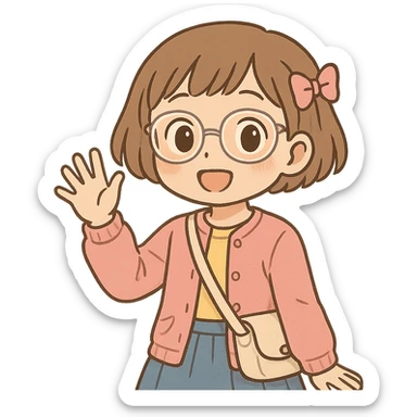 10 year old girl with clear glasses and short light brown hair, cute core style, waving sticker