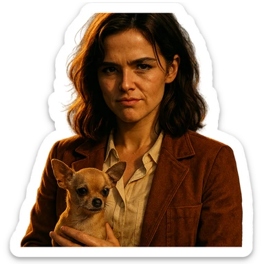 portrait centré d'une femme inspirée du visage de Zoe Deutch, teint hâlé, taches de rousseur discrètes, expression rebelle et enjouée, cheveux bruns mi-longs avec reflets auburn, chemise couleur #FFF8CA, veste rouille, tenant un chihuahua beige-marron, effet golden hour, fond transparent, style série Netflix, ambiance dramatique et contrastée sticker