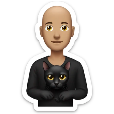 Man with shaven head holding black cat sticker