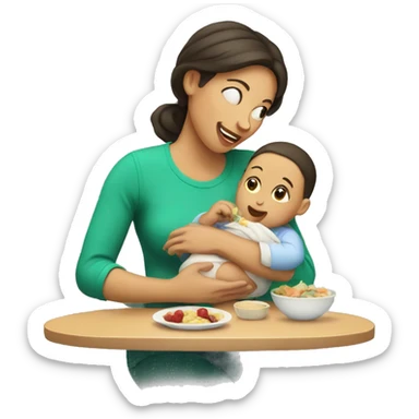 Mom with baby eating sticker