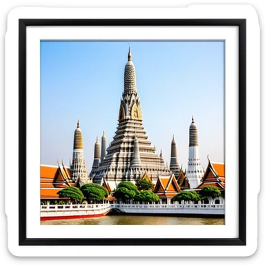 Cinematic Realistic Wat Arun Landmark Emoji, depicting the towering temple spires adorned with intricate porcelain mosaics sticker