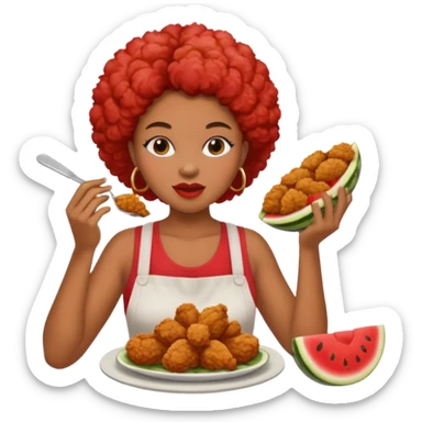 A black woman eating fried chicken and watermelon sticker