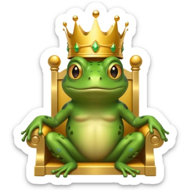 A frog wearing a crown, confidently sitting on a golden throne, portrait, bust up sticker