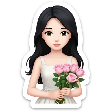 A beautiful girl with long black hair and a white dress is holding a bouquet of pink roses sticker