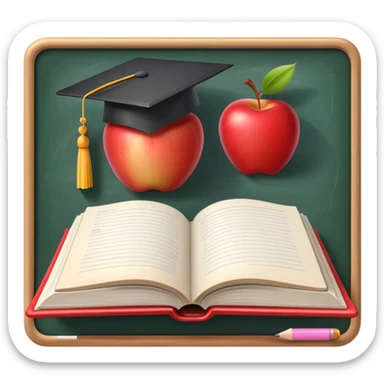 An icon featuring an open book, a chalkboard with lesson plans, and a pencil, symbolizing education and pedagogy. The design includes an apple and a graduation cap, representing teaching and learning. Transparent background highlights the growth and development in education. sticker