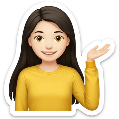 girl on a laptop, long dark hair white skin and yellow shirt long sleeves, smiling sticker