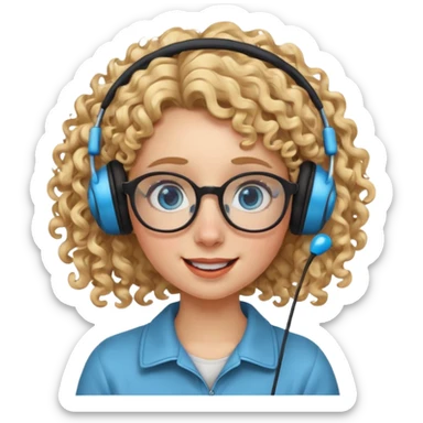 blond kid with unique face features and very curly hair kid girl happy and big glasess and big nose and very blue eyes with freckles kind of nerd looking and headphone wearing sticker