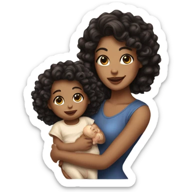 A lady with light skin and curly black hair with highlights holding a baby with really curly brown hair sticker