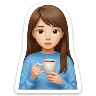 A girl with elongated bangs and long brown hair drinks coffee  sticker