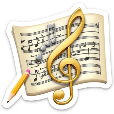 Create a bright and artistic emoji that represents music composition. The design should feature musical notes, a pencil or quill, and a sheet of music, symbolizing the creative process of composing a song. Add a touch of elegance with flowing lines to represent melody and rhythm. Use gold or silver tones for sophistication, and incorporate a mix of vibrant colors to convey creativity. The background should be transparent. sticker