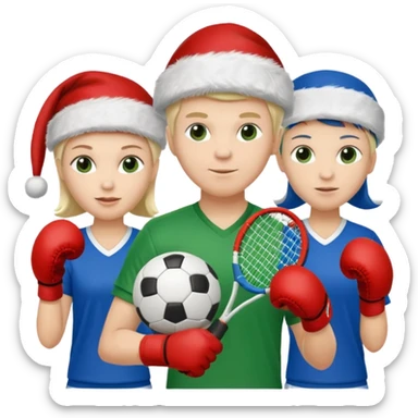 crie a imagem de 3 atletas de modalidades diferentes, usando elementos esportivos, como por exemplo bola, raquete, luvas de luta... e usando um chápeu de papai noel das cores verde e azul. sticker