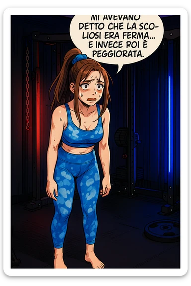 fai questa immagine in versione fumetto/manga/webtoon a colori, il manga mostra la donna disperata con un fumetto sulla testa che dice:
Mi avevano detto che la scoliosi era ferma… e invece poi è peggiorata.
 sticker