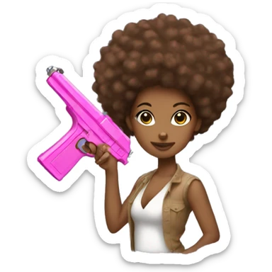 Brown girl holding a pink gun long Afro hair cash sticker
