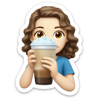 Pale skin girl with brown wavy hair and blue eyes drinking ice latte  sticker