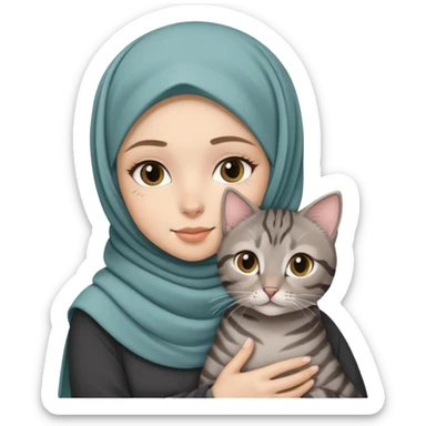 White girl wearing pretty hijab holding a black grey tabby cat sticker