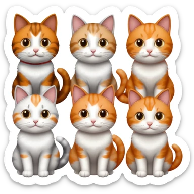 6 cats with different coloured coats, 2 are grey and white, 1 is grey with a little white, 1 calico, 1 brown tabby and white and one ginger and white sticker
