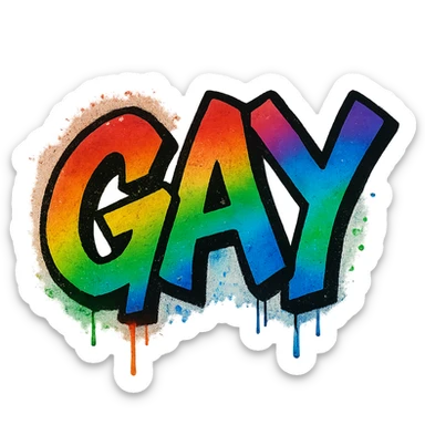 the word GAY in a graffiti style with rainbow spray paint sticker