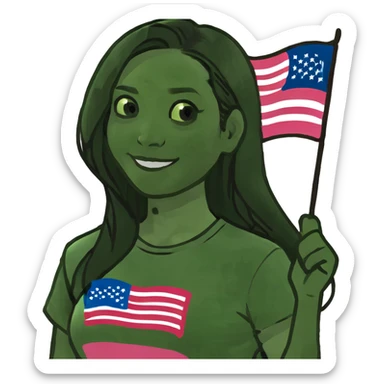 Asian woman smiling, black hair, long hair, dark eyes, pink tshirt, cute face, holding an American flag  sticker