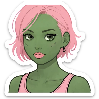 Girl, pale, long black hair, black eyes, blush, mascara, lip gloss, pink tank top sticker