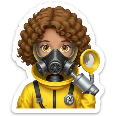 Sticker of a girl with curly brown hair, wearing a yellow hazmat suit and a gas mask. Slightly tense vibe, cartoon style, radiation danger background. sticker