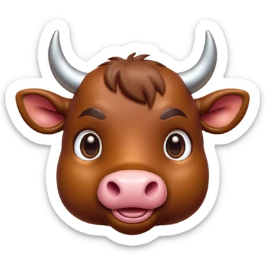 Cinematic Cute Brown Bull Portrait Emoji, Head tilted playfully and inquisitively, featuring a glossy, robust brown hide with a natural sheen, round, sparkling dark eyes filled with gentle curiosity, Simplified yet irresistibly adorable features, highly detailed, glowing with a warm, friendly glow, high shine, affectionate and imposing, stylized with a touch of rugged charm, bright and endearing, soft glowing outline, capturing the essence of a mischievous yet loving bull, so playful it feels like it could stomp out of the screen and into your arms! sticker
