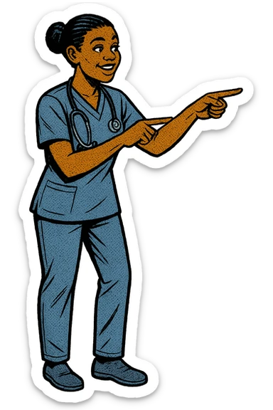 The full body of a caring young black female nurse with her hands pointing something out sticker