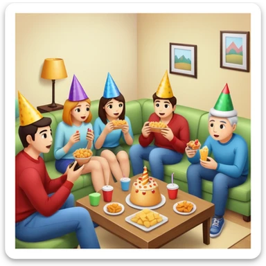 group of friends watching TV with snacks, party scene sticker