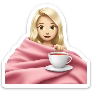 White blonde Girl drinking tea with pink blanket on sticker
