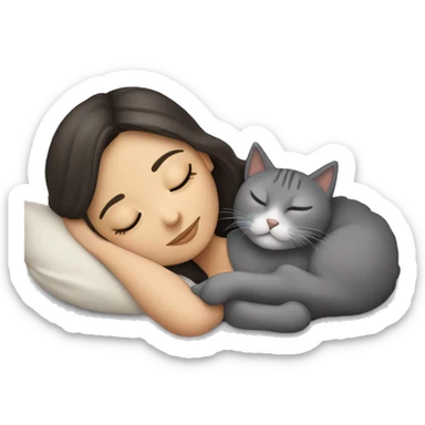 Brunette girl  sleeping with grey cat  sticker