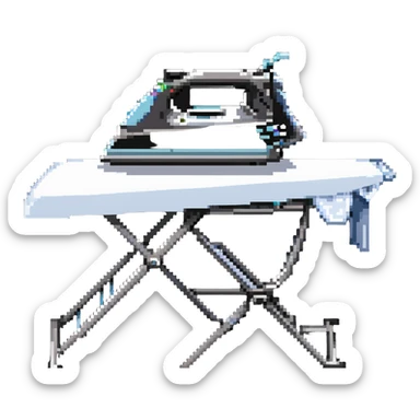 A detailed clothes iron next to an ironing board sticker